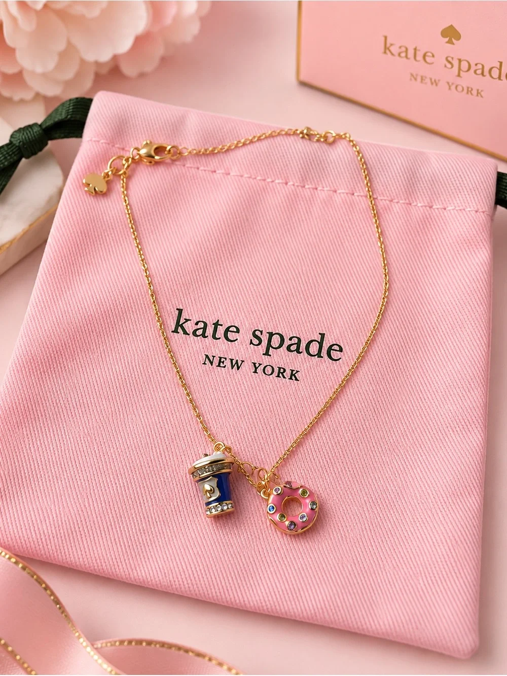 kate spade Gold Necklace with Pink Donut & Blue Drink Charms